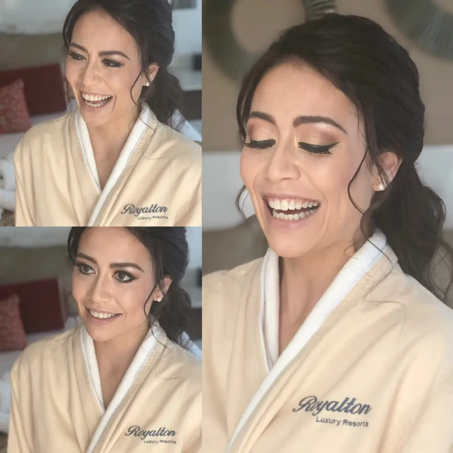 gorgeous Asian bride very happy after her airbrush makeup with Alex Corbanezi at Royalton Riviera Cancun