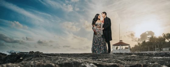 couple photo session before event. Devina has a long wavy hairstyle with 2 braids a soft and glowy makeup look and they are flawless
